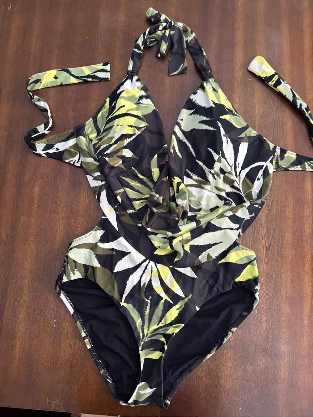 Macy's Black White Olive Green Tropical One-Piece Swimsuit